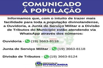 Ouvidoria; Junta de Serviço Militar e Divisão de Tributos informam seus números de atendimento via WhatsApp